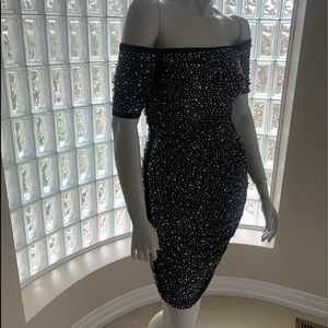 NWT off the shoulder cocktail party dress with beads and sequence.M/L